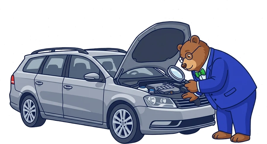 The MrVIN bear inspecting an engine bay with a magnifying glass
