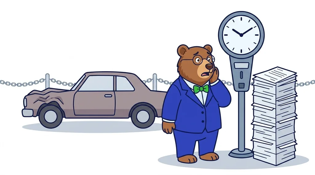 The MrVIN bear watching a clock beside a car in an auction yard as invoices pile up