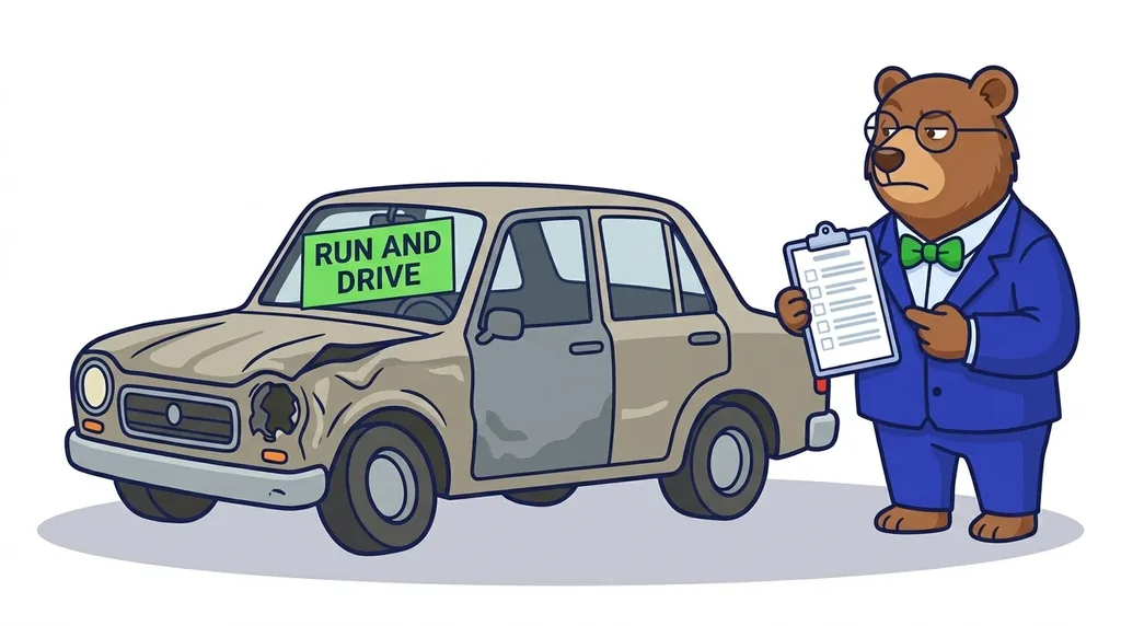 A visibly wrecked car carrying a bright green Run and Drive sticker, with the MrVIN bear beside it