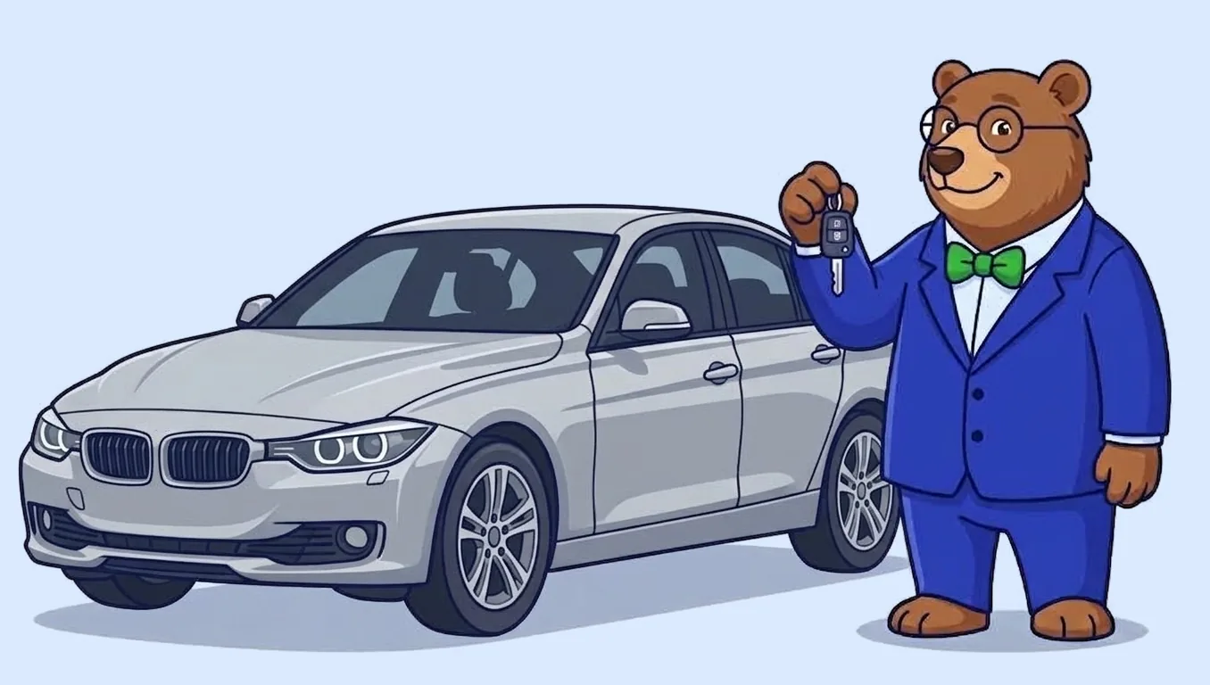 The MrVIN bear holding up the keys to a silver used BMW 3 Series saloon