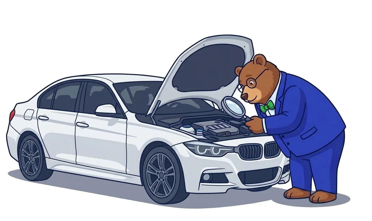 The MrVIN bear inspecting a BMW 3 Series engine with a magnifying glass
