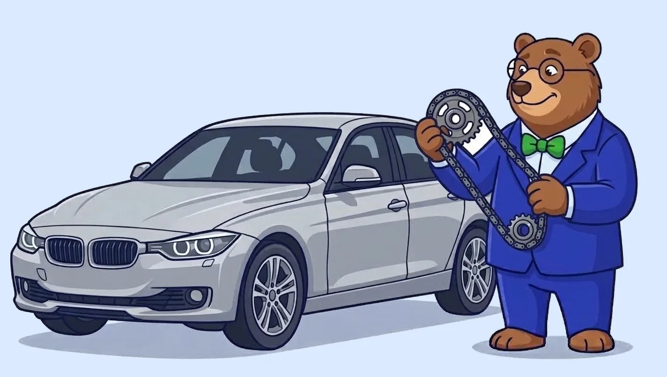 The MrVIN bear holding up a timing chain next to a BMW 3 Series