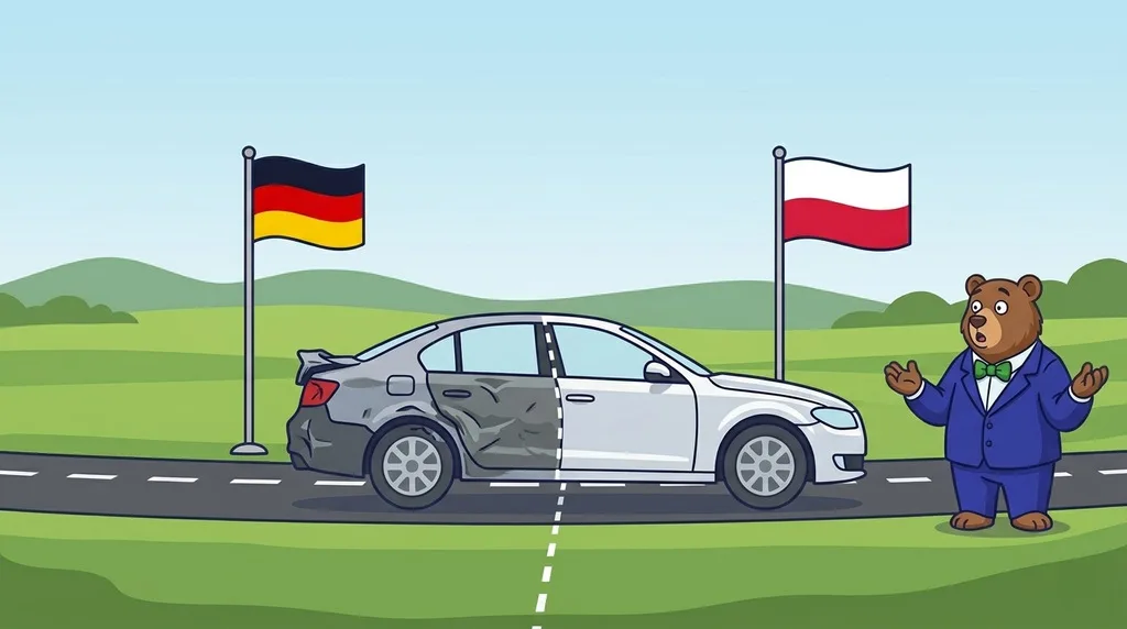 A car crossing a border, damaged on the side it came from and clean on the side it is sold in