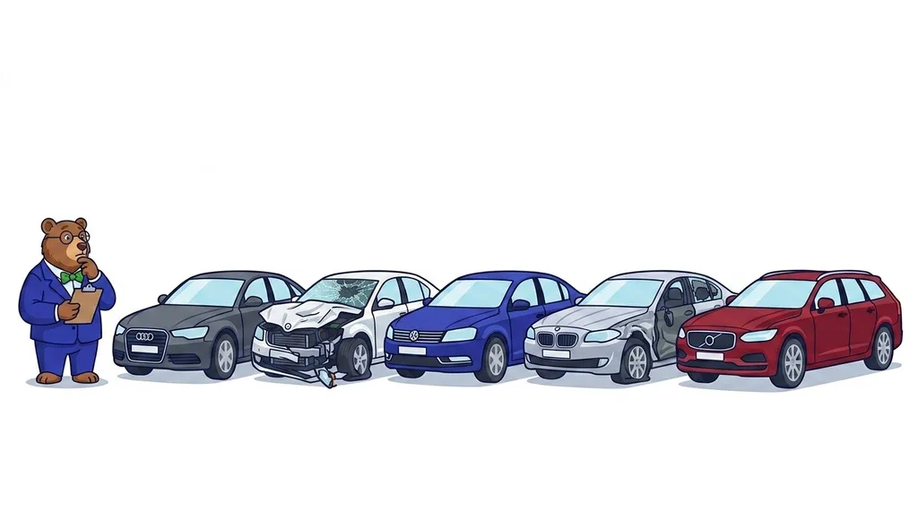 Five used cars in a row with the MrVIN bear inspecting them. Two of the five have crash damage.