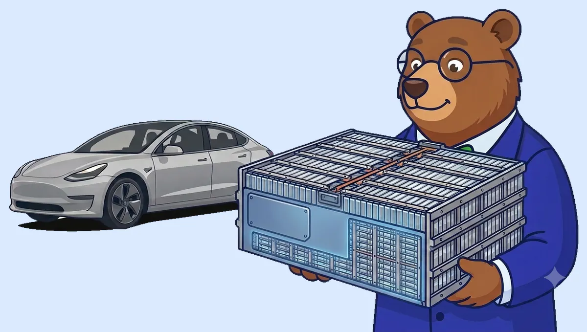 The MrVIN bear holding an electric car battery pack, with an electric car behind him