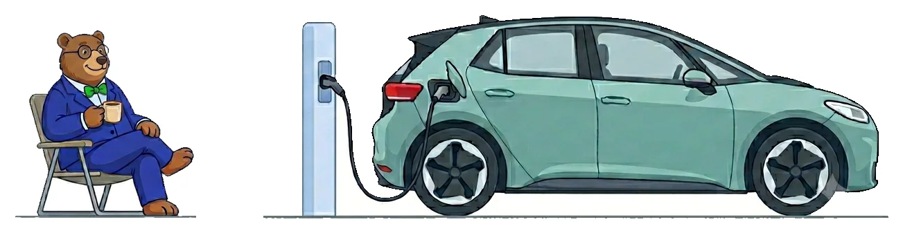 The MrVIN bear relaxing in a chair beside an electric car that is charging