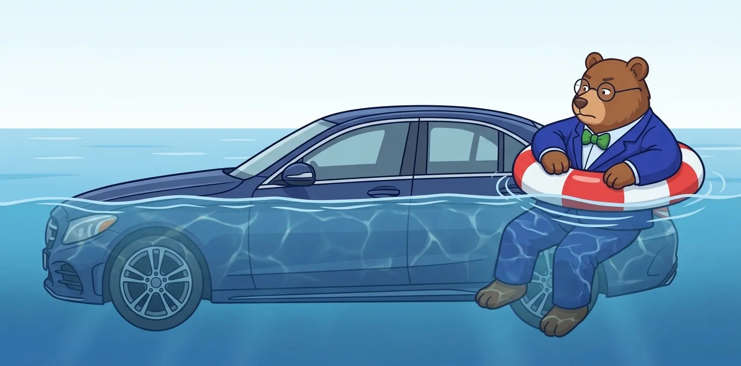 The MrVIN bear in a swim ring next to a car standing in water up to its bonnet