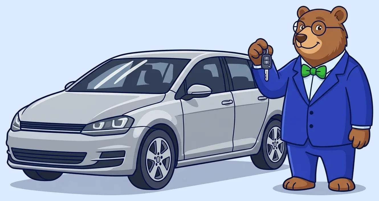 The MrVIN bear holding up the keys to a silver used Volkswagen Golf
