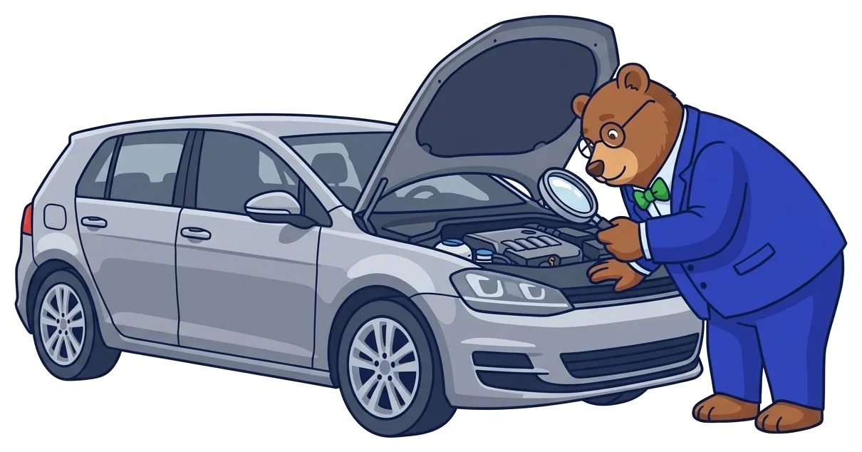 The MrVIN bear inspecting a Golf's engine with a magnifying glass