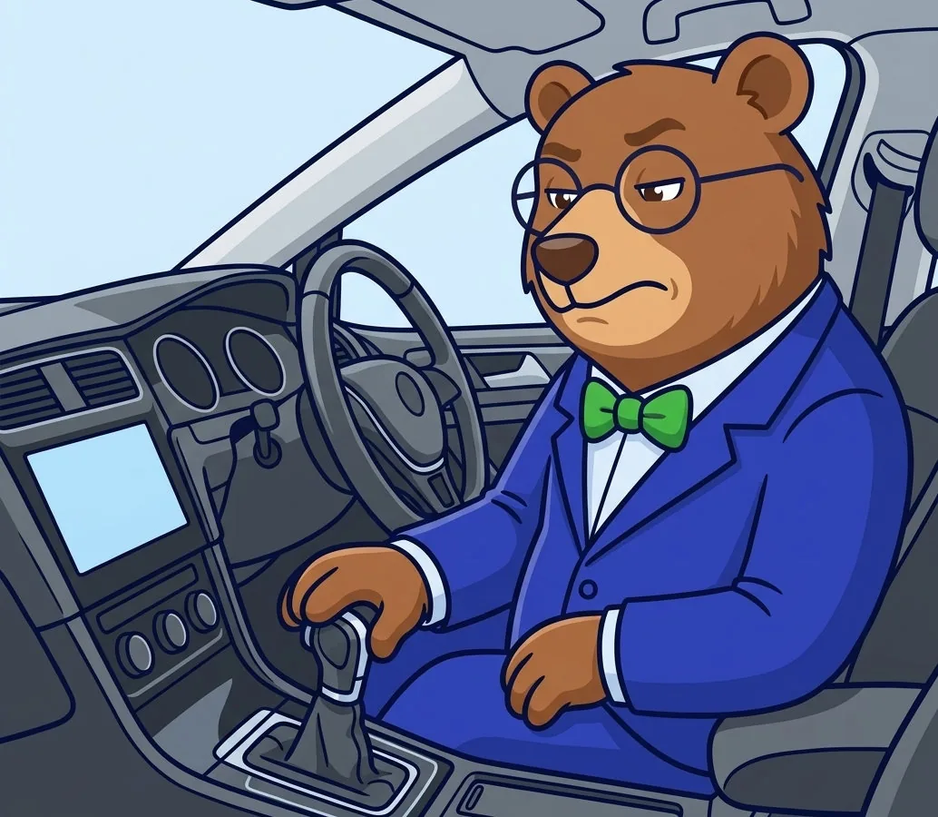 The MrVIN bear sitting in a Golf, looking doubtfully at the DSG automatic gear lever
