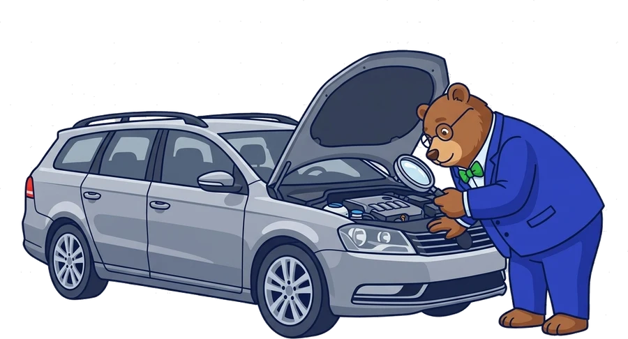 L'orso MrVIN che ispeziona un vano motore con una lente d'ingrandimento