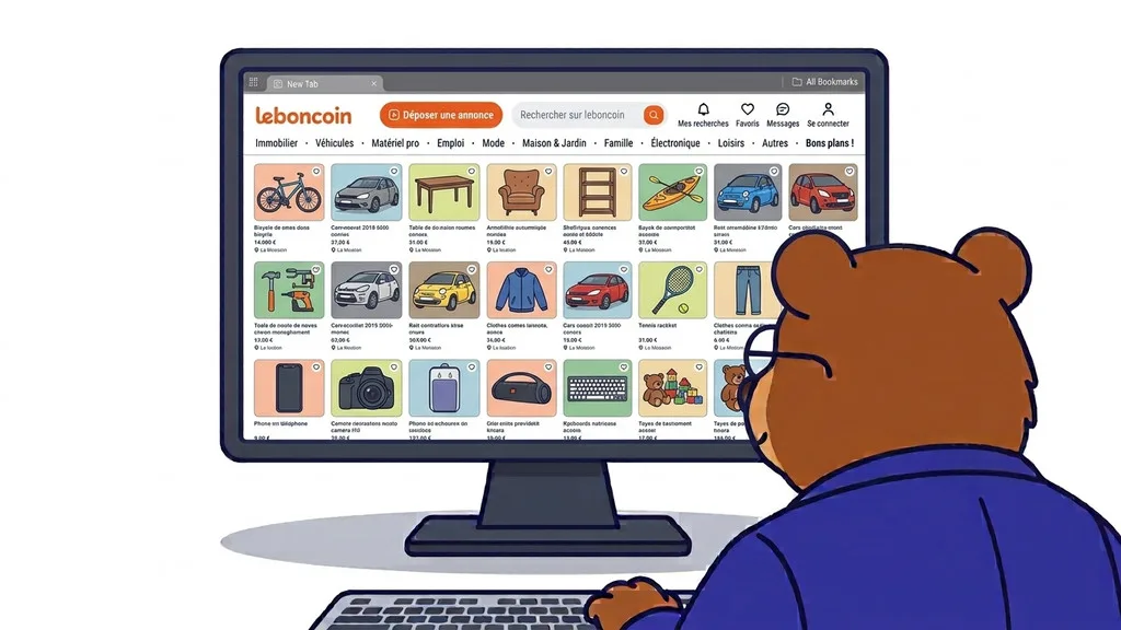 L'ours MrVIN consulte un site français de petites annonces généralistes sur un écran
