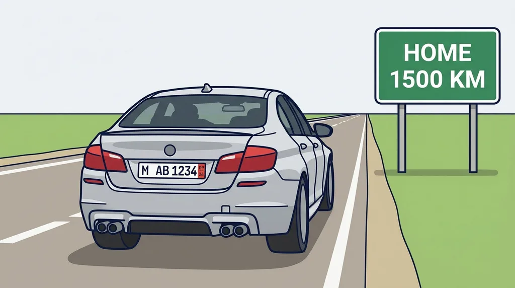 A car on export plates driving home past a motorway sign counting down the kilometres