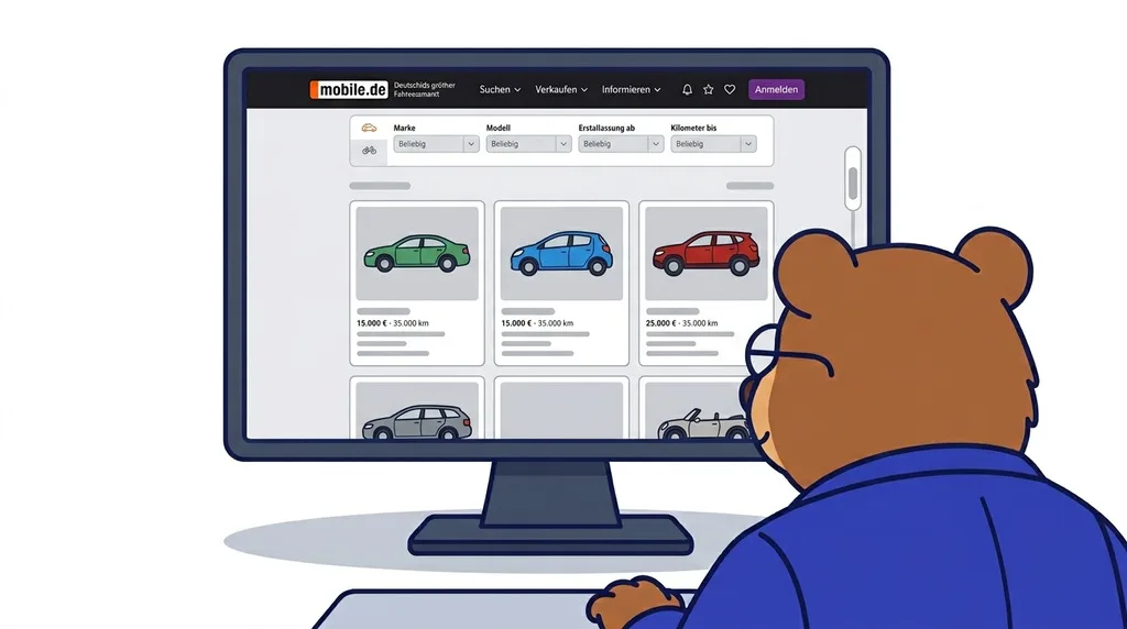 The MrVIN bear studying a car classifieds page on a monitor