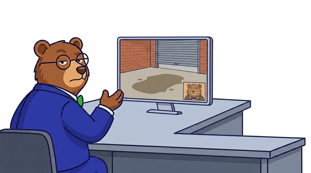 The MrVIN bear on a video call looking at an empty garage where the car should be