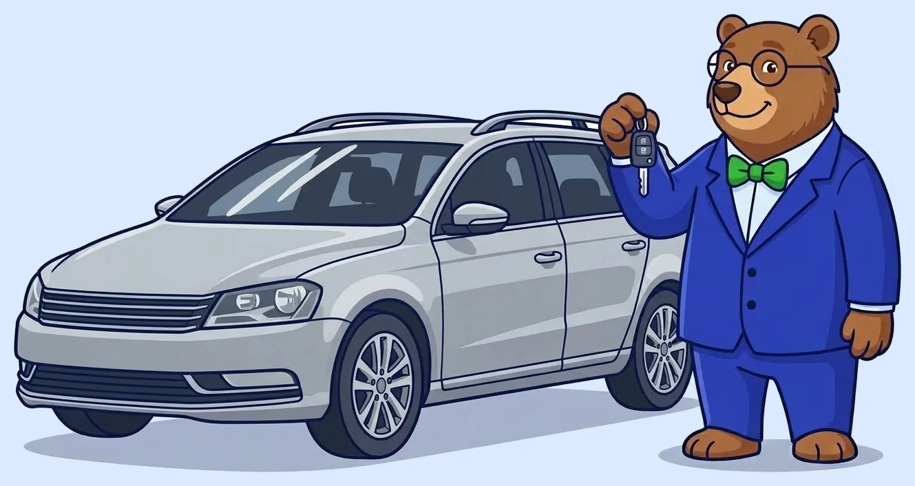 The MrVIN bear holding up the keys to a silver used Volkswagen Passat estate