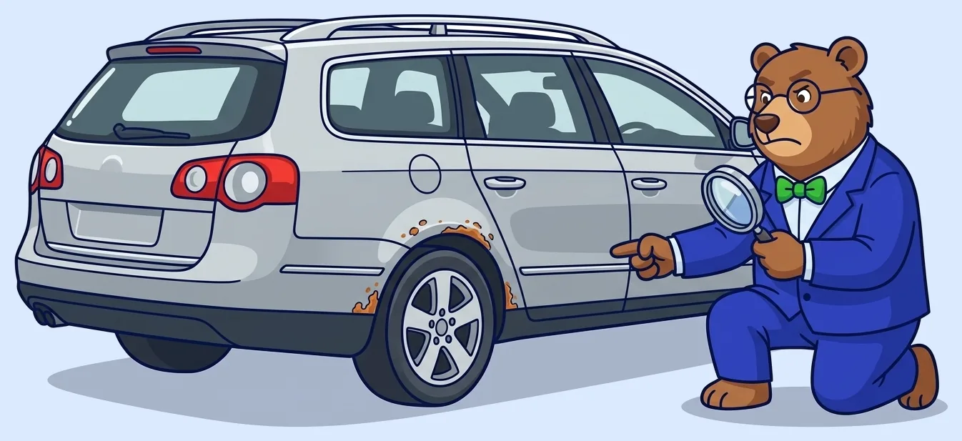 The MrVIN bear pointing at bubbling rust on a Passat B6 rear wheel arch