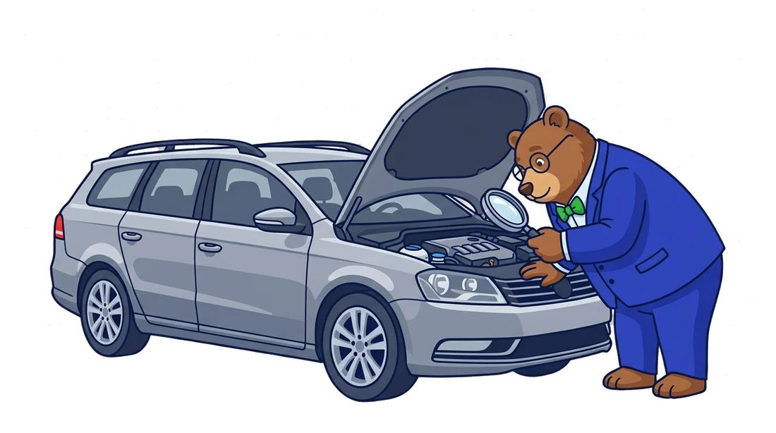 The MrVIN bear inspecting a car engine with a magnifying glass