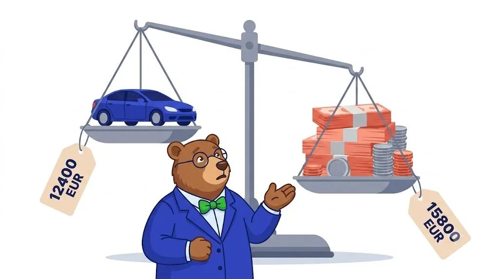 A loan repayment schedule beside a used car